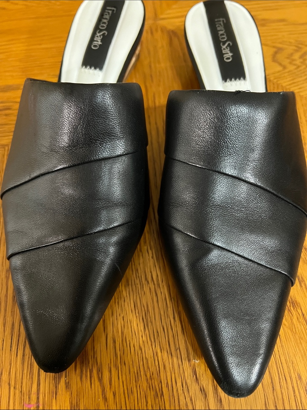 Franco Sarto Black Pointed Leather Slip-On Low-heel Mules